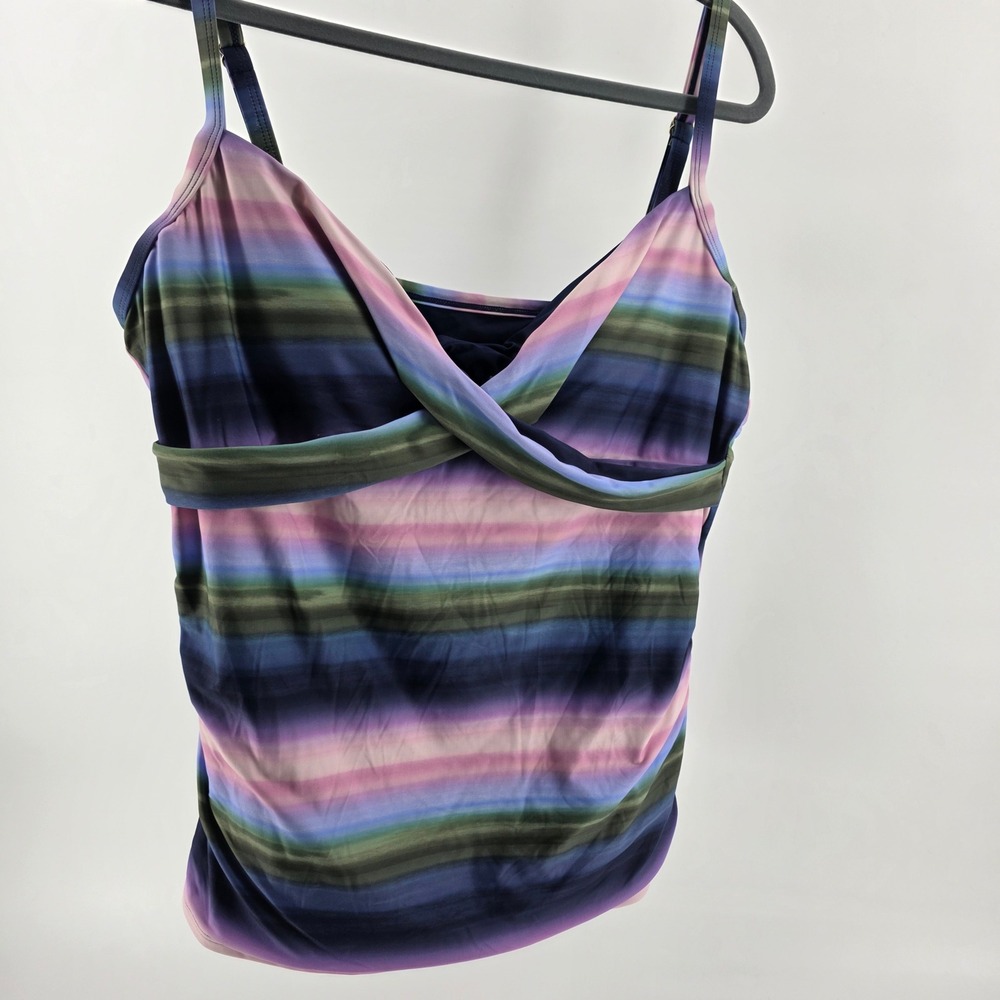 Lands End Womens XL Tankini Swim Top Ombre Stripe Twist Front UPF 50 (718)